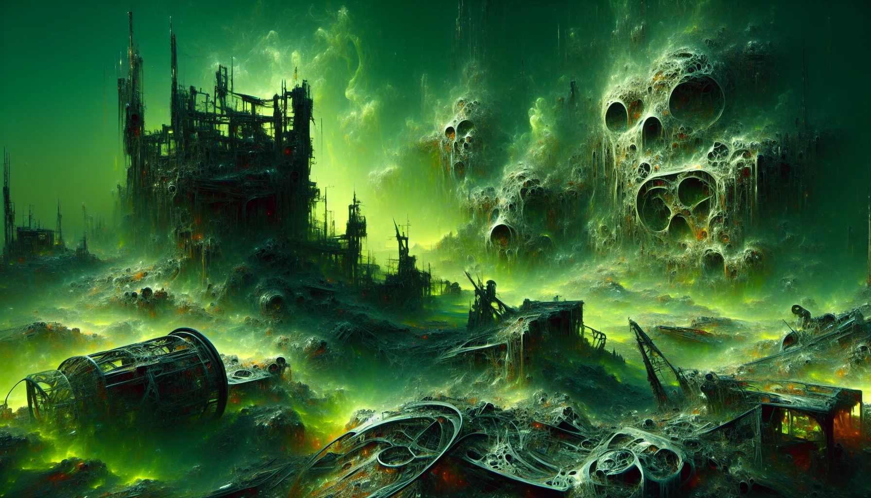 Envision a desolate landscape marked by crumbling buildings and twisted metal, enveloped in a thick, glowing green fog that emanates an eerie luminescence. The air shimmers with radioactivity, reflecting off scattered debris and broken machinery, casting unsettling shadows. Muted colors blend with vivid greens, creating an otherworldly ambiance. Gnarled trees rise from the earth like skeletal fingers, hinting at a forgotten world swallowed by nature’s relentless reclamation.