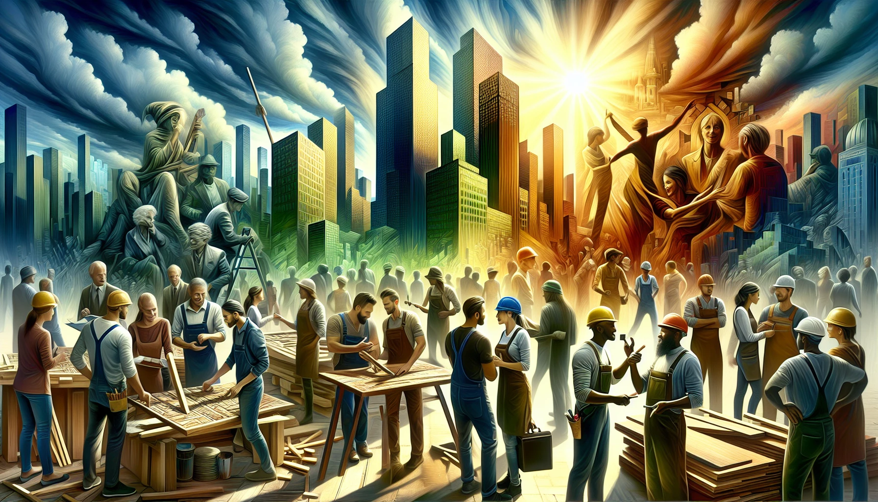 Imagine a bustling city street, where the essence of hard work pulses through every corner. In the foreground, a diverse group of laborers, each representing different trades, collaborate in a dynamic scene—carpenter, artist, and builder exchanging ideas. Vibrant colors capture their energy, while towering skyscrapers loom in the background, symbolizing ambition. A bright sun breaks through clouds, illuminating their determination and the beauty of collective effort.