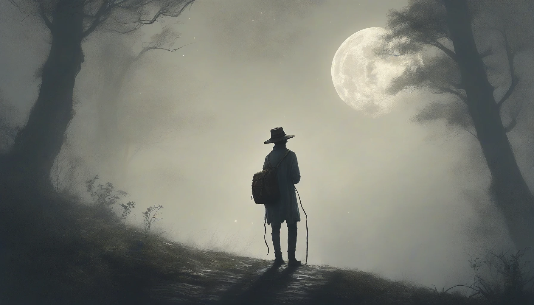 Depict a solitary figure standing at the edge of a misty forest, their weathered backpack slung casually over one shoulder. The traveler’s face is partly obscured by a wide-brimmed hat, hinting at a shadowy past. Glowing ethereal symbols swirl in the air around them, suggesting secrets yet untold. A full moon casts a silver glow, illuminating the path ahead, inviting both adventure and introspection.