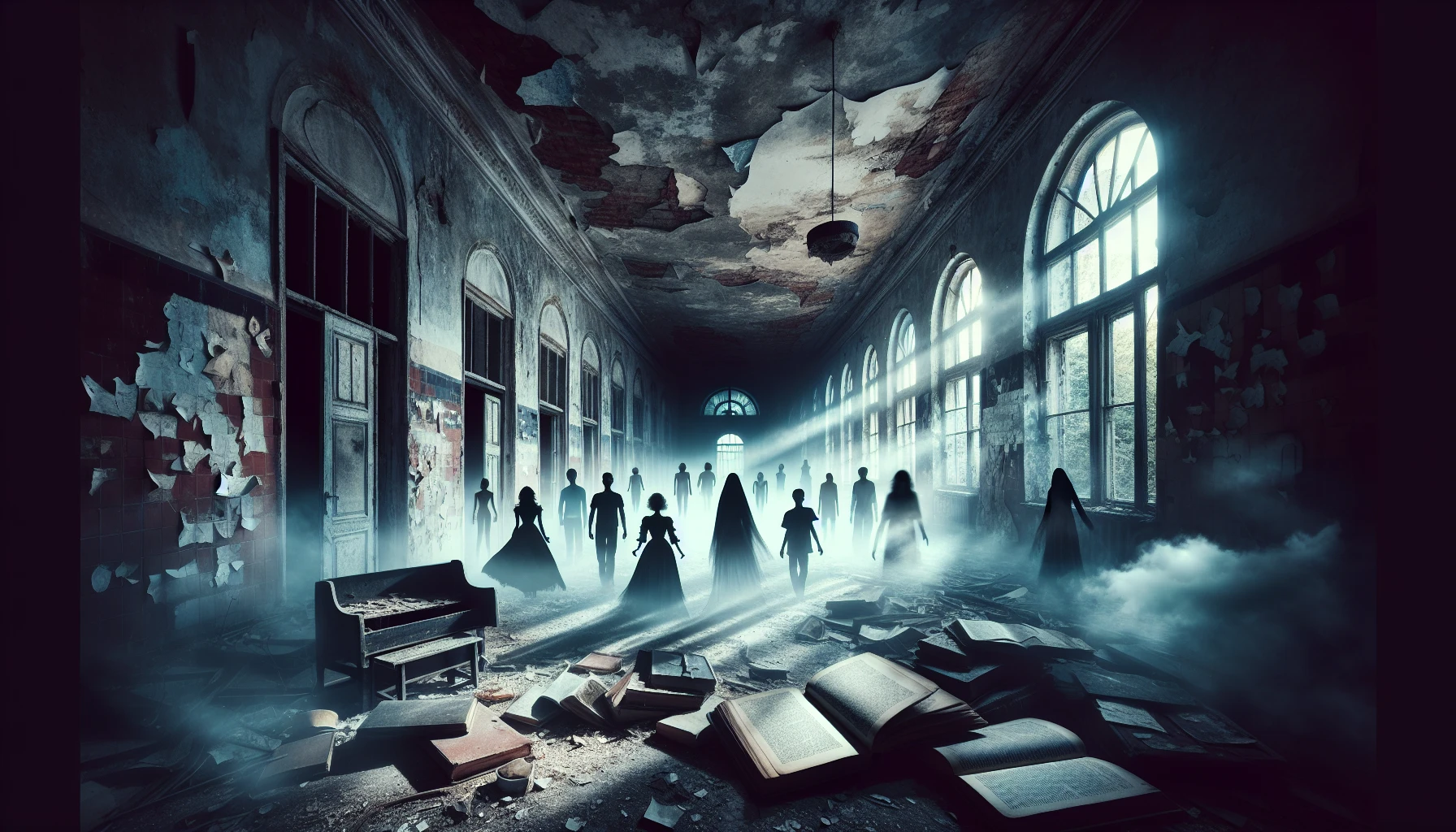 In this eerie scene, the ghostly silhouettes of students and teachers glide silently through the dilapidated hallways of a forsaken school. Dusty desks are scattered, books lie open with yellowed pages, illuminated by moonlight filtering through shattered windows. Shadows dance on the cracked walls, and an ethereal mist lingers, evoking a sense of both nostalgia and fear, as whispers from the past beckon the brave to uncover their secrets.