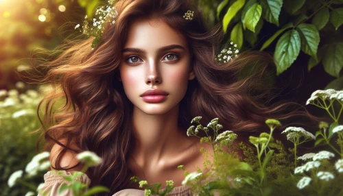 Capture a stunning, hyper-realistic portrait of a young woman sitting in a sunlit garden, her deep brown eyes reflecting tranquility and wisdom. Wisps of her long, flowing hair dance lightly in a gentle breeze, adorned with delicate wildflowers. The rich textures of her soft, natural skin contrast beautifully against the lush greenery around her, creating an evocative scene that radiates peace and connection to nature.