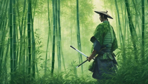 A solitary samurai stands resolute in a vibrant bamboo forest, his armor glinting under dappled sunlight. Lush green stalks sway gently around him, their rustling whispering ancient secrets. The samurai's katana glimmers, poised for action, while his stoic expression reflects a deep connection to nature and tradition. Mist clings to the ground, adding a mystical aura as the forest breathes life around this fierce guardian.