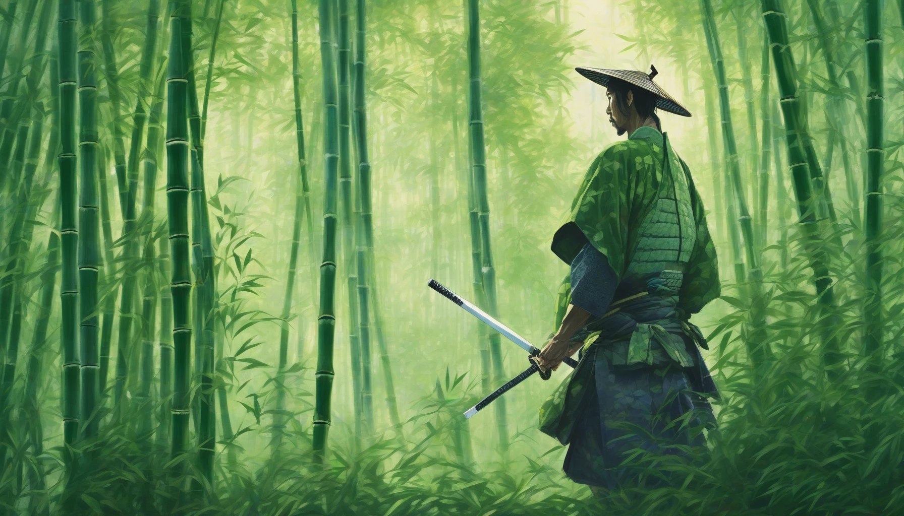 A solitary samurai stands resolute in a vibrant bamboo forest, his armor glinting under dappled sunlight. Lush green stalks sway gently around him, their rustling whispering ancient secrets. The samurai's katana glimmers, poised for action, while his stoic expression reflects a deep connection to nature and tradition. Mist clings to the ground, adding a mystical aura as the forest breathes life around this fierce guardian.