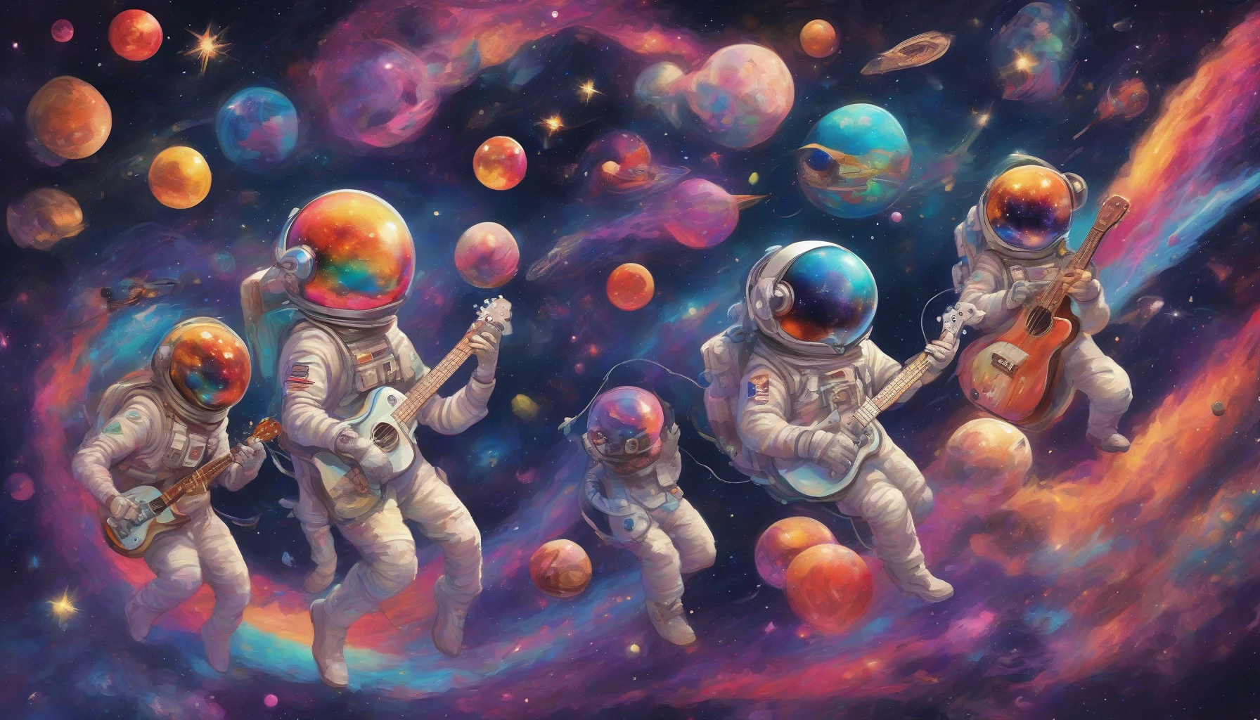 In a distant galaxy, a vibrant spacecraft glides through a kaleidoscope of colorful nebulae. A motley crew of astronauts, each with unique styles—think vintage aviator helmets and whimsical jumpsuits—interact passionately. One plays a ukulele, while another juggles glowing orbs of stardust. Their laughter echoes in the infinite void, showcasing a joyful camaraderie against a backdrop of shimmering stars and swirling cosmic wonders.