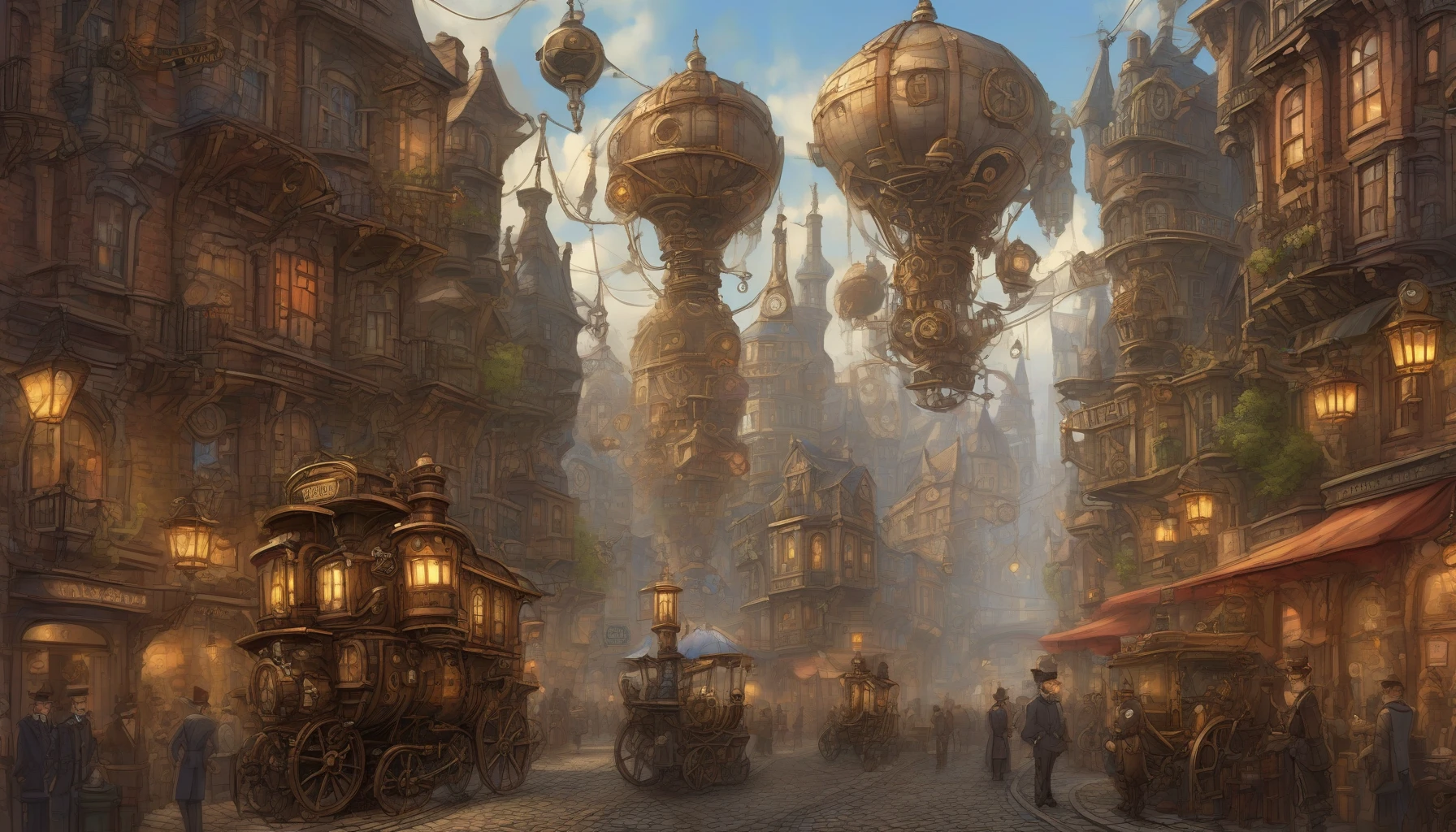 Imagine a bustling steampunk city, where towering clockwork structures rise majestically against a smoky sky. Gears and cogs whir and clank, integrating seamlessly into the vintage architecture, while airships glide gracefully overhead. Cobblestone streets are lined with brass street lamps, casting a warm glow on the vibrant crowd adorned in Victorian attire. Strikingly intricate designs come alive as steam billows from vents, creating an atmosphere of wonder and innovation.