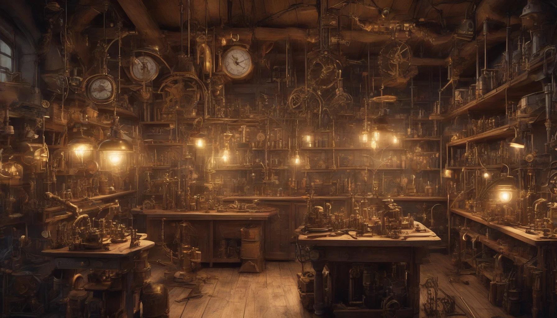 Imagine a sprawling steampunk workshop, brimming with intricate gadgets and whimsical inventions. Brass gears and steam-powered contraptions line the wooden shelves, while the warm glow of gas lamps illuminates the space. A large workbench, cluttered with tools and blueprints, showcases a half-finished automaton, its brass limbs glistening in the light. The air is filled with the scent of oil and metal, inviting creativity and innovation in every corner.