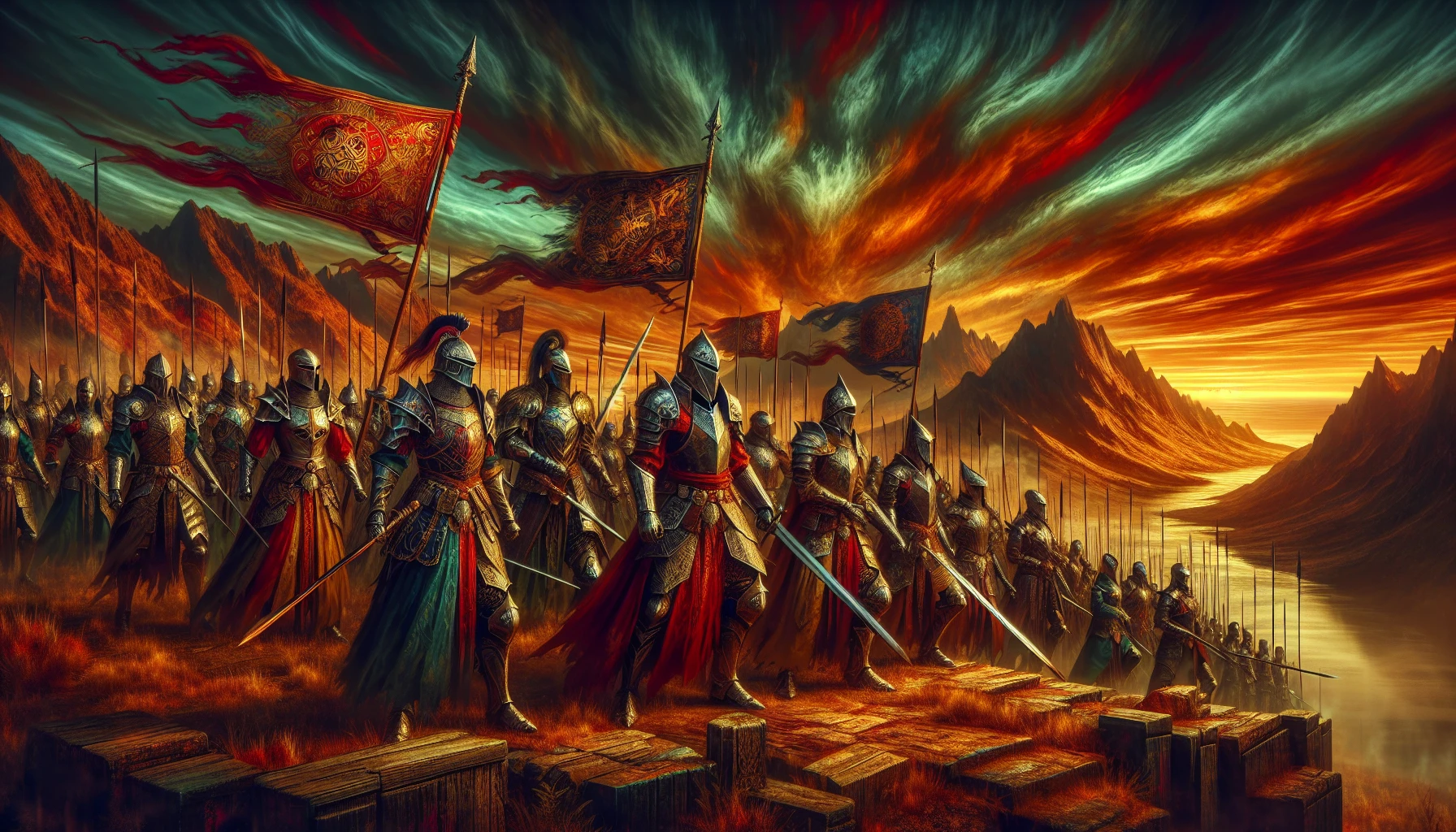 In a breathtaking landscape where ancient hills meet a fiery sky, valiant warriors clad in ornate armor stand resolutely at the forefront. Their weapons gleam with determination as they prepare to confront an overwhelming invading army. Ethereal banners flutter in the wind, depicting their revered heritage. Tension fills the air, amplified by the distant clash of swords and the courage etched on each defender's face, embodying an unyielding spirit in the face of adversity.