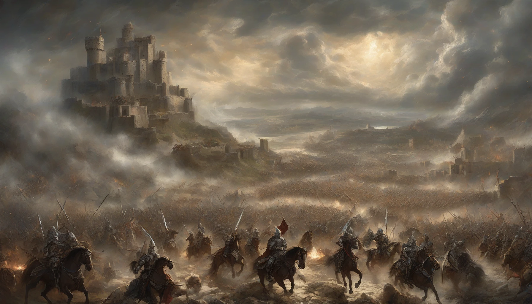 In a breathtaking landscape, two rival armies clash in a dramatic confrontation. The sky crackles with energy, illuminated by flashes of magic and the glint of steel. Warriors, adorned in intricate armor, charge forward, their fierce expressions captured mid-battle. In the background, a crumbling fortress stands as a testament to the fierce struggle, while swirling clouds hint at the chaos of this epic finale.