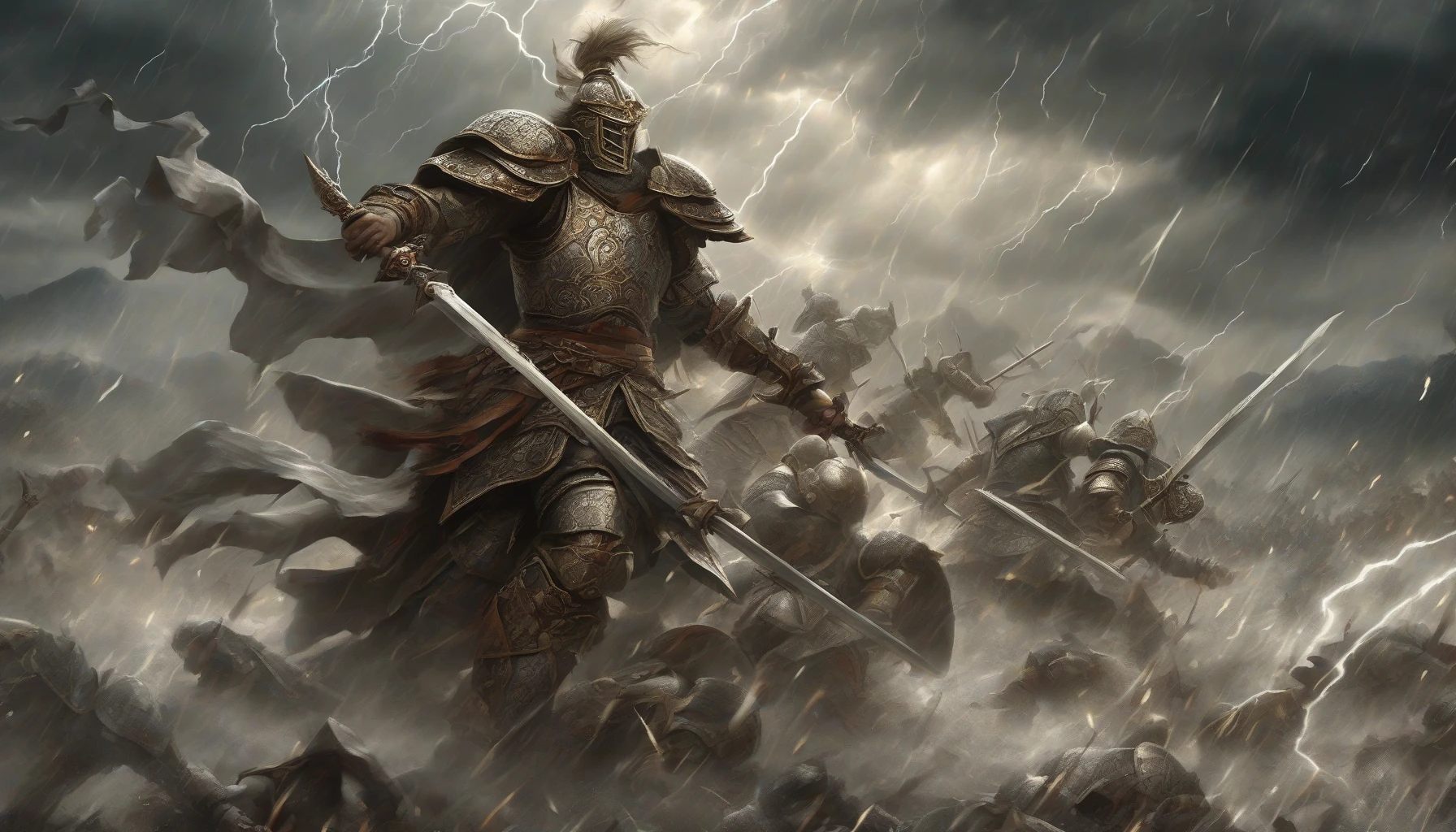 In a breathtaking battlefield where ancient mountains loom and swirling mists dance, two formidable armies converge in an epic showdown. Warriors clad in ornate armor face off under a stormy sky, with lightning illuminating their fierce expressions. The ground trembles as swords clash and battle cries echo, creating an atmosphere thick with tension and anticipation, capturing the very essence of rivalry and valor.