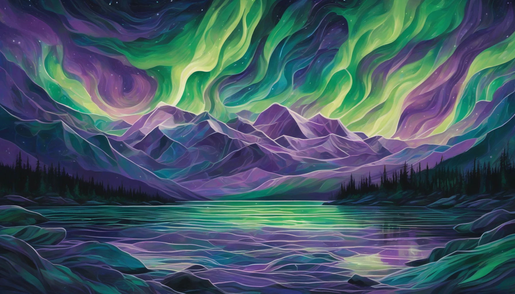 A breathtaking depiction of the Northern Lights weaving through the night sky, crafting intricate geometric patterns that dance in vibrant colors. Shades of green, purple, and blue swirl together, forming mesmerizing shapes that capture the essence of nature's artistry. Below, silhouetted mountains stand as silent witnesses to this celestial spectacle, while a serene lake reflects the captivating display, enhancing the magic of the scene.