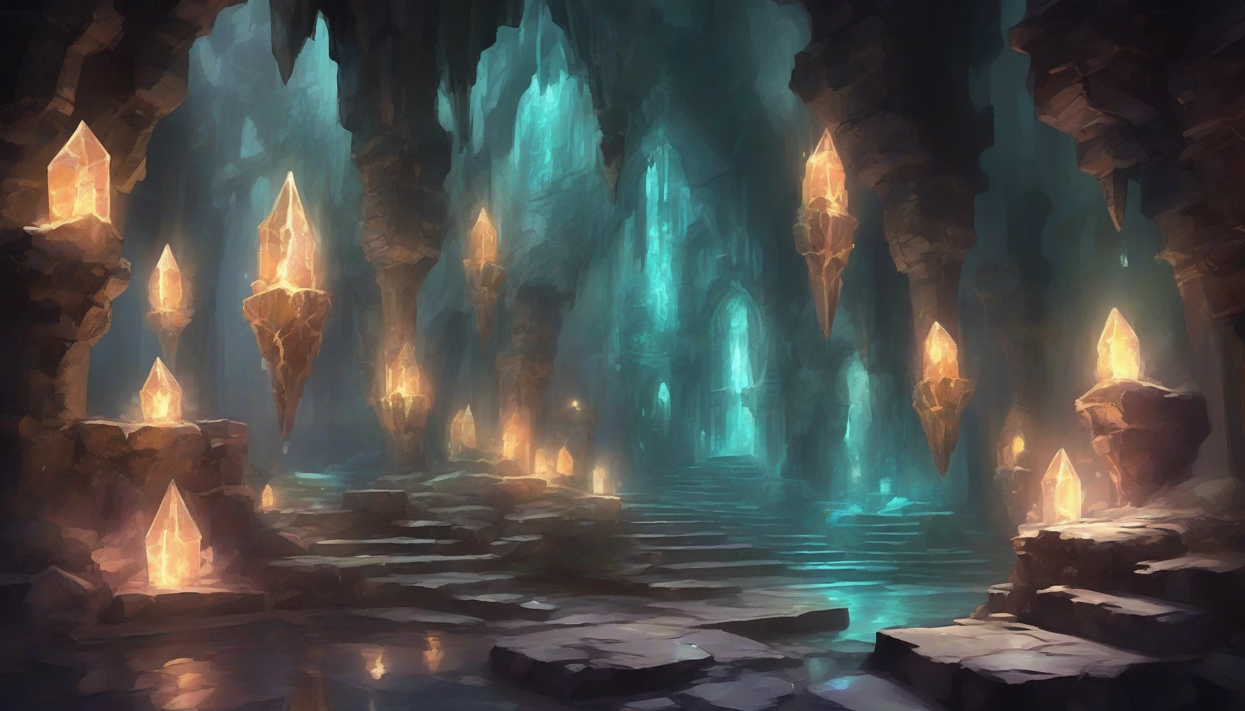 Immerse yourself in a hauntingly beautiful dungeon adorned with glowing crystals that illuminate the stone walls with an ethereal light. Shadows dance across the damp floor, while the soft, pulsating glow of the crystals casts a magical hue on ancient relics scattered throughout. A faint mist swirls around the jagged rock formations, creating an aura of mystery and enchantment, inviting explorers to uncover its hidden secrets.