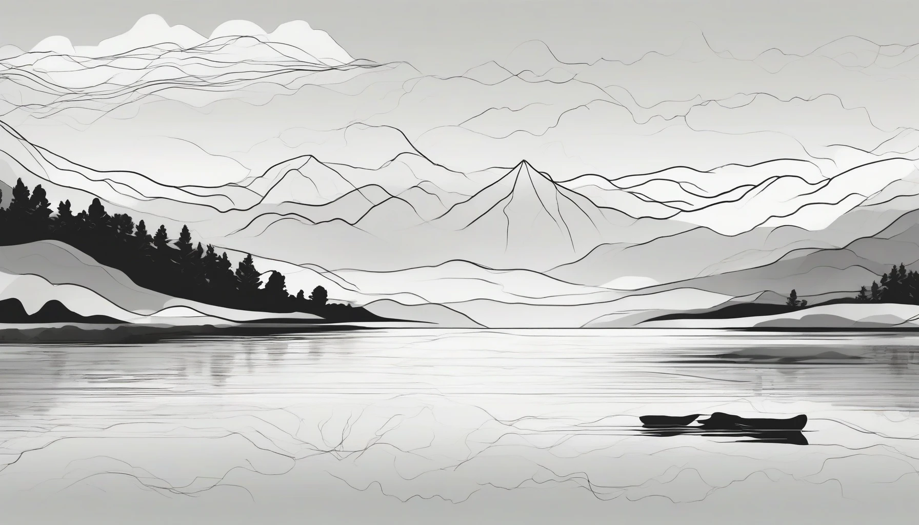 Create a striking minimalist black-and-white line art composition that captures the essence of nature and serenity. Imagine delicate, flowing lines forming the silhouette of a tranquil landscape, where mountains seamlessly blend into a calm lake, and wispy clouds float across the sky. The artwork should evoke a sense of peace and simplicity, inviting viewers to explore the beauty that lies in minimalism.