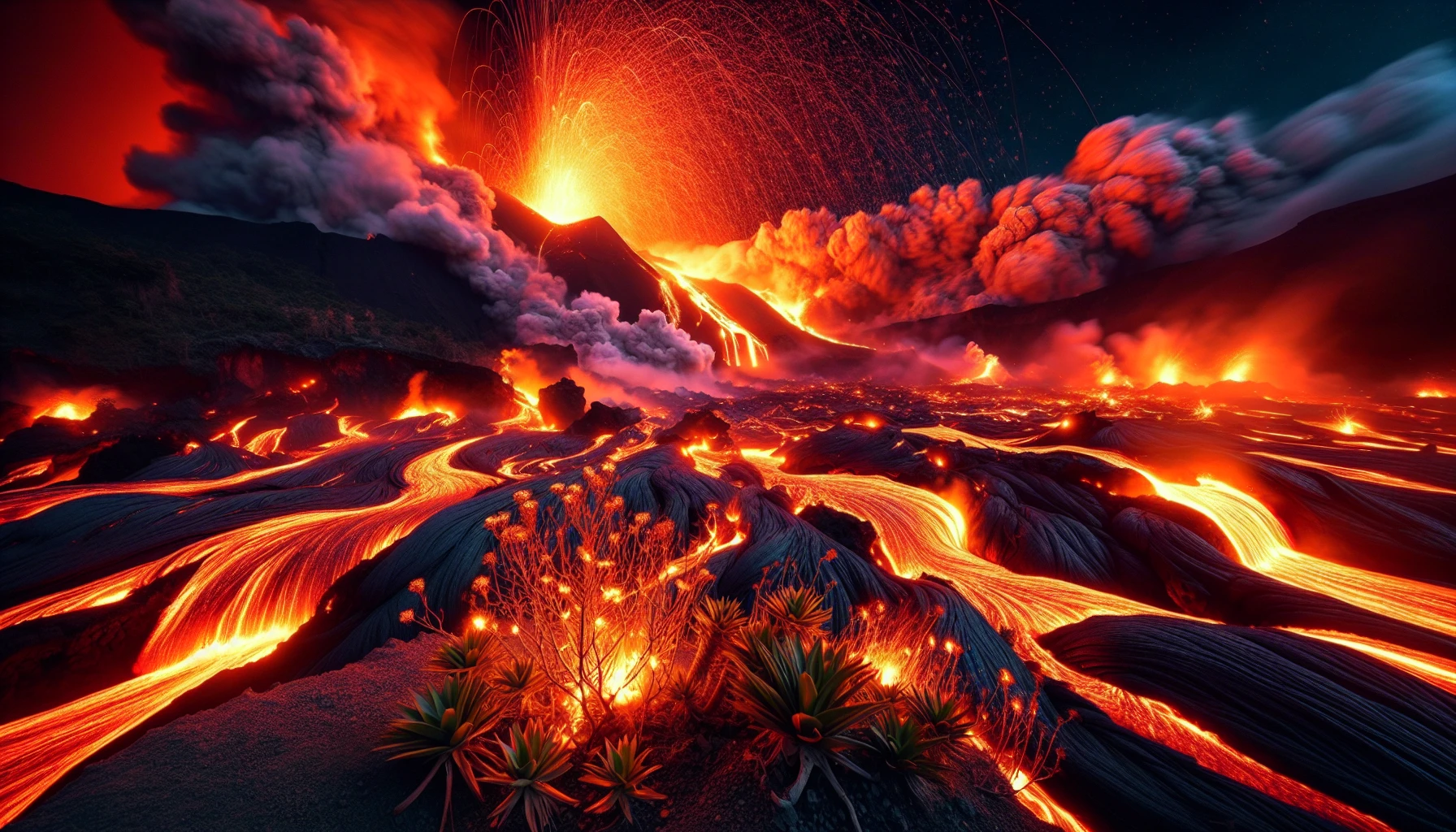 A magnificent volcanic eruption fills the scene with glowing rivers of molten lava cascading down rugged slopes, illuminating the night sky with an eerie orange glow. Jagged rocks and ash clouds billow into the atmosphere, while bursts of flame and sparks dance in the air. In the foreground, hardy vegetation struggles against the heat, showcasing nature's resilience amidst chaos, creating a breathtaking contrast of destruction and beauty.