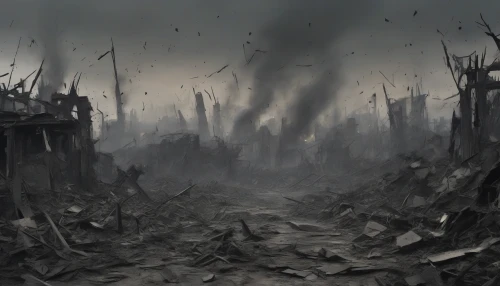 In a stark landscape of ash and soot, the earth lies cracked and smoldering, remnants of a recent explosion scattered across the ground. Jagged pieces of debris—metal, wood, and fragments of shattered glass—reflect the dim light of a gray sky. Smoke curls into the air, intertwining with jagged silhouettes of destruction, evoking a sense of loss and the raw power of nature’s wrath.