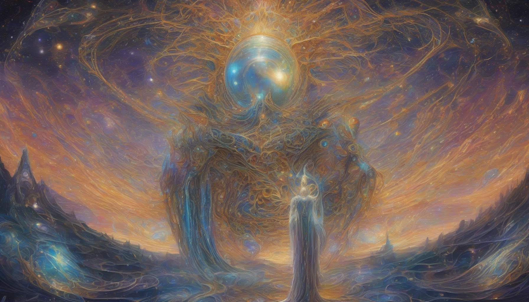 Imagine an alien diplomat standing majestically on an otherworldly landscape, adorned in intricate, shimmering robes that ripple like the cosmos. Each layer of fabric is woven from glimmering starlight and adorned with celestial patterns, reflecting the colors of distant galaxies. The diplomat's elongated features are framed by a crown of luminescent filaments, while their piercing eyes hold the secrets of the universe, inviting intrigue and wonder.