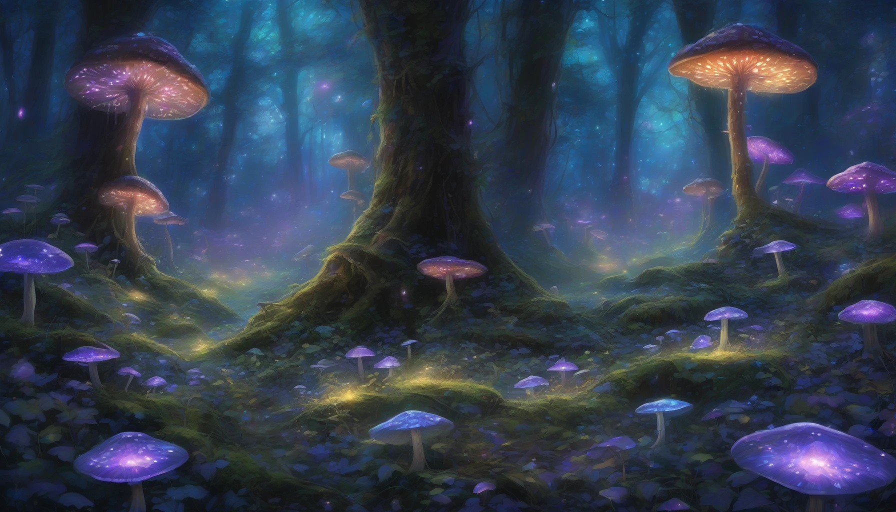 In a mystical forest brimming with life, a clearing reveals a breathtaking spectacle: towering trees with iridescent leaves sway gently in the cool night breeze. The ground is carpeted with clusters of glowing mushrooms, casting a soothing blue and purple light that dances across the mossy floor. Ethereal fireflies float about, their soft glow harmonizing with the enchanting scene, inviting all who enter to lose themselves in this magical realm.