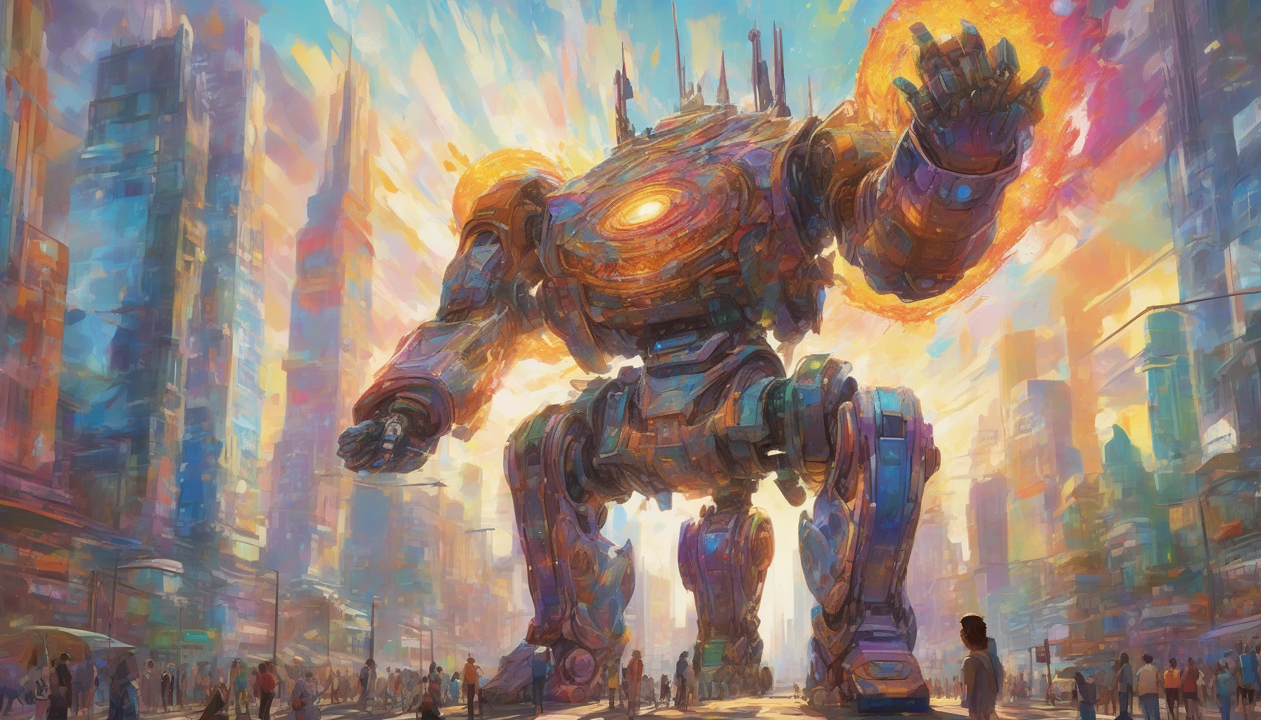 In a futuristic cityscape, a colossal robot towers over the skyline, its metallic surface glistening under the sun. With a fierce roar, it channels a vibrant, swirling energy beam from its outstretched arm, illuminating the surroundings with a kaleidoscope of colors. The ground trembles as the beam shoots forth, leaving a trail of crackling energy, while onlookers gaze in awe and fear at the spectacle of power.