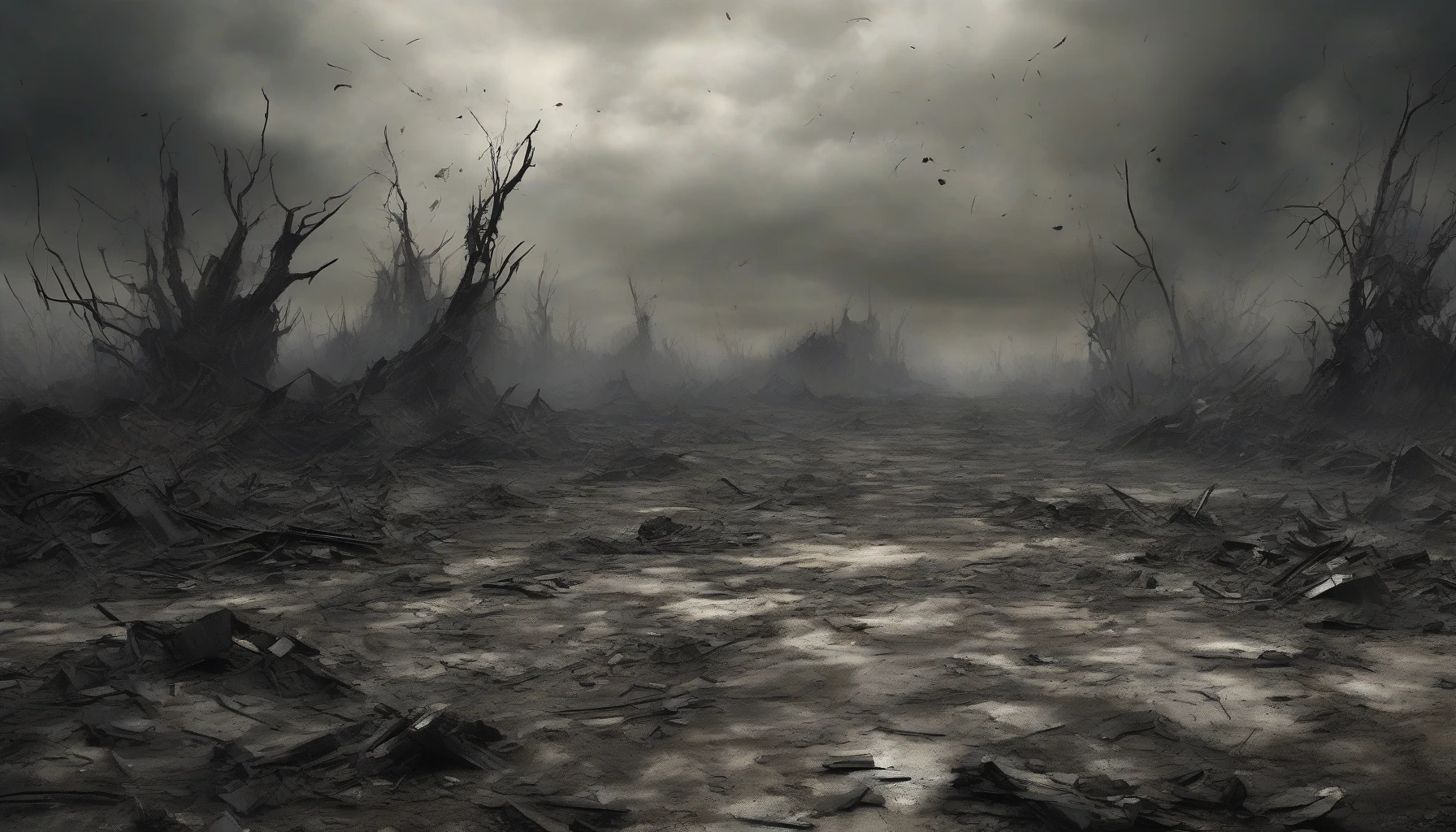 Visualize a desolate landscape where charred earth meets a chaotic array of debris scattered from an explosion. The cracked ground, glistening with remnants of soot, contrasts sharply with jagged pieces of metallic fragments and shattered concrete. Wisps of smoke rise from crevices, blending with a darkened sky, casting an ominous shadow over the scene. This haunting portrayal captures the raw power of destruction and the lingering traces of chaos left behind.