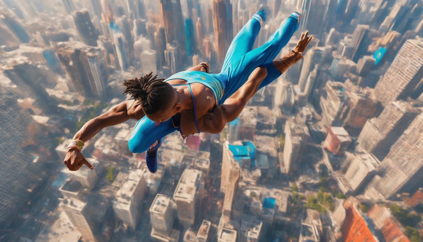 Capture a breathtaking moment of a character performing an awe-inspiring acrobatic flip high in the air, muscles taut and focused. The setting is a vibrant urban landscape, with towering skyscrapers in the background and cheering crowds below. Bright streaks of color from their outfit create a dynamic contrast against the blue sky, emphasizing the grace and athleticism of this exhilarating feat.