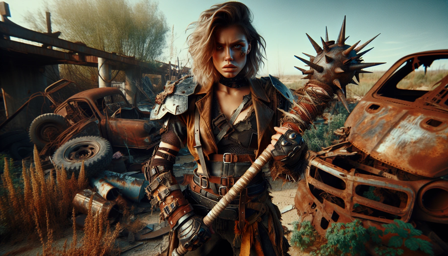 In a desolate wasteland, a fierce warrior stands poised, clad in patched leather armor and scavenged metal. Their eyes burn with determination as they wield a jagged, improvised weapon—a spiked bat fashioned from scrap. Surrounding them, remnants of a shattered world whisper tales of survival, with rusted vehicles and overgrown flora, creating an atmosphere of raw grit and indomitable spirit.