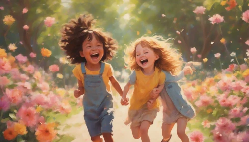 Capture a vibrant scene of two childhood friends sharing a moment filled with laughter and playful teasing. Picture them in a sun-drenched park, surrounded by blooming flowers and tall trees, as they exchange lighthearted jabs. Their expressions radiate joy and mischief, with one friend playfully sticking out their tongue while the other pretends to be offended. The warm colors and dynamic poses embody the carefree spirit of youth and friendship.