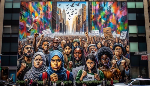 A powerful street mural depicting a diverse group of individuals, passionately advocating for social justice. The vibrant colors contrast with the gritty urban backdrop, showcasing their determination and unity. Each figure holds a unique sign representing various causes—climate action, racial equality, and women's rights. Above them, soaring birds symbolize hope and freedom, while the skyline reflects a city on the brink of transformation.