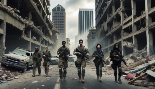 In a desolate cityscape, a band of soldiers advances through a street littered with debris and remnants of a once-thriving urban life. Crumbling buildings loom on either side, their shattered windows reflecting the somber sky. Dust swirls around the determined figures as they navigate the perilous terrain, weapons at the ready. Each soldier’s face reveals the weight of their mission, evoking a sense of resilience amidst chaos.