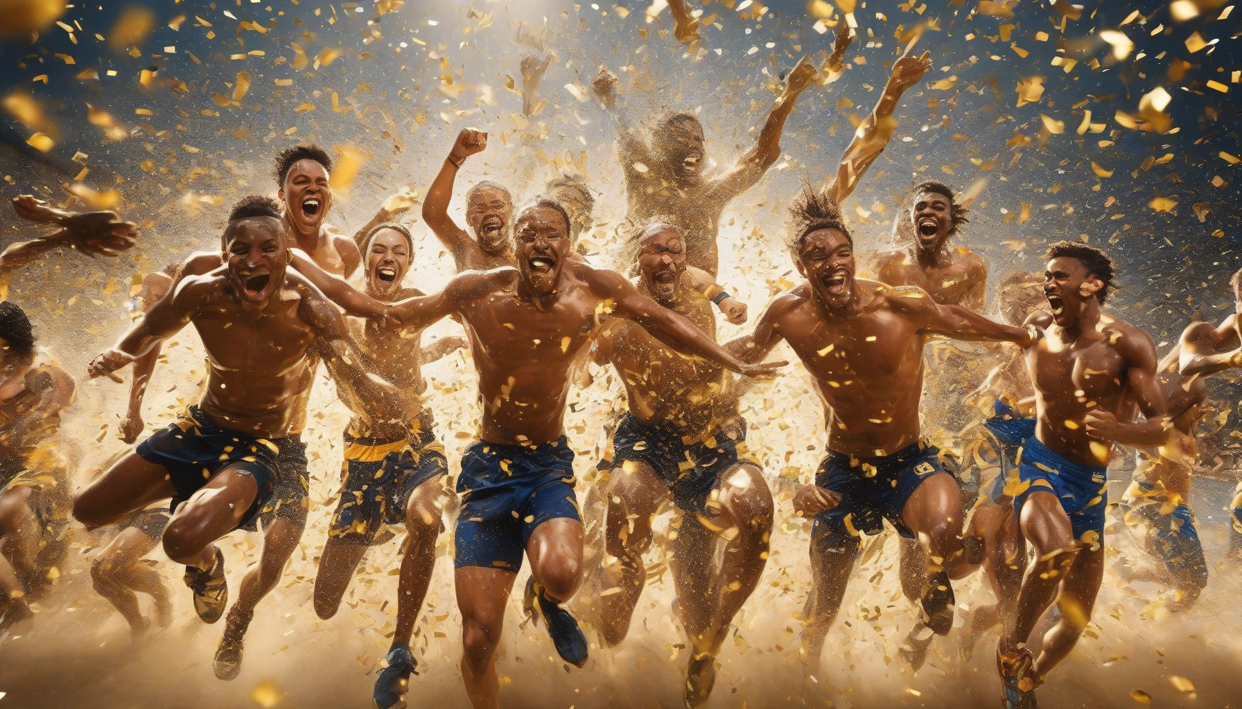 Capture a dynamic scene filled with jubilant celebration, where a diverse group of athletes, drenched in sweat, leap into the air in unison. The backdrop glows with golden sunlight, illuminating their ecstatic faces and the confetti swirling around them. Each person embodies the sheer exhilaration of triumph, their expressions reflecting the hard work and dedication that led to this joyous moment.