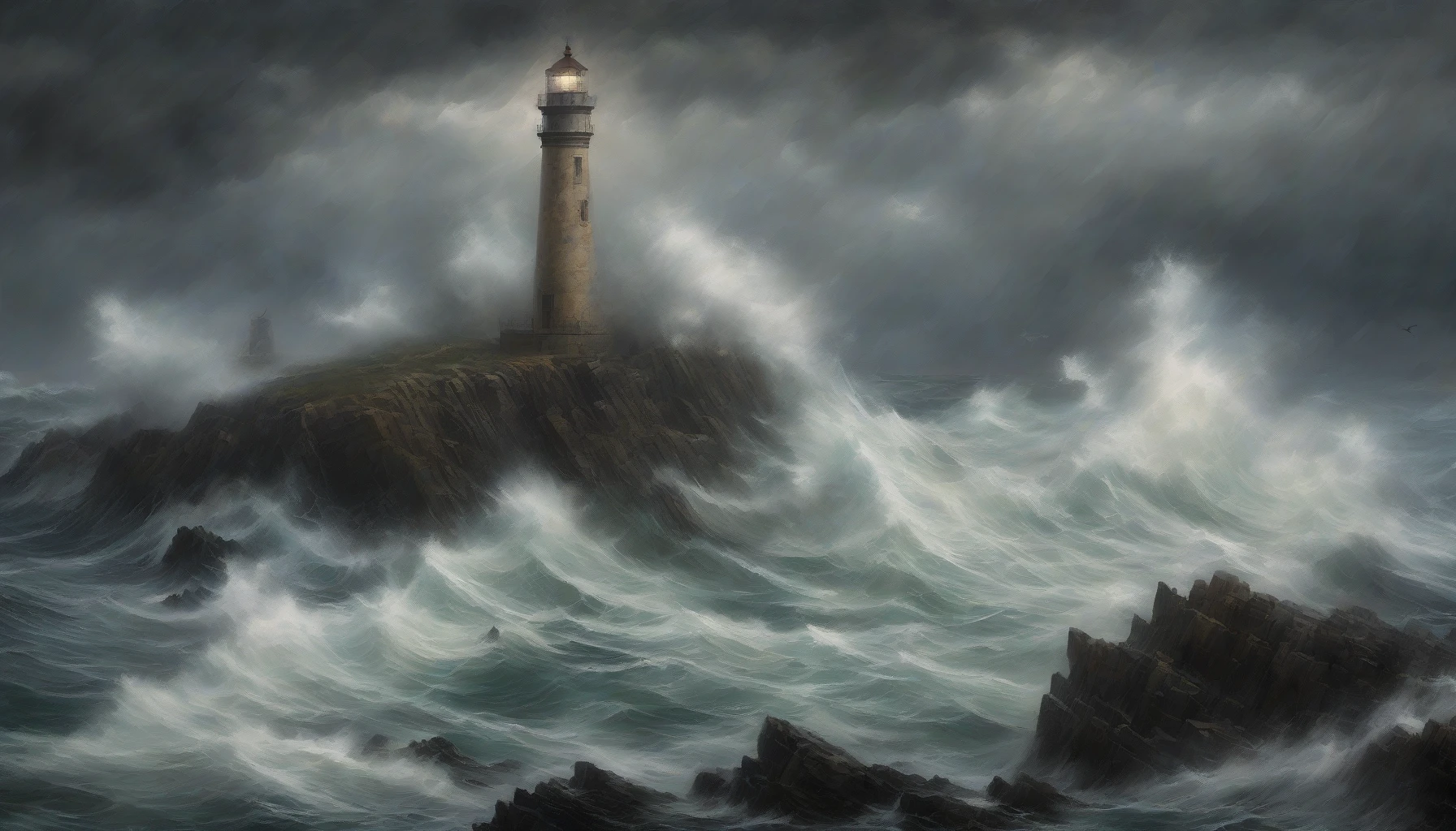 A dramatic seascape unfolds, where tumultuous waves crash against rocky cliffs under a dark, brooding sky. In the distance, a resilient lighthouse stands tall, its beam piercing through the swirling mist and rain. The contrast between the fierce sea and the steadfast structure reflects hope and guidance amidst chaos. Each brush of wind and ripple of water tells a tale of nature's power and the light that leads us home.