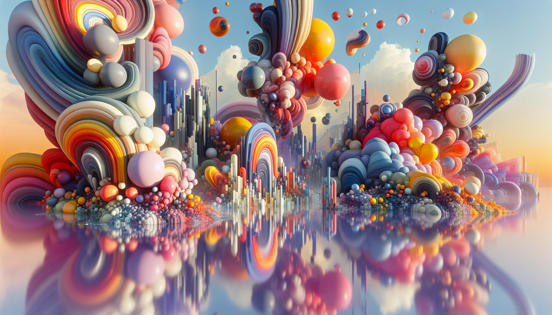 Imagine a surreal landscape where vibrant colors blend seamlessly into abstract forms, merging emotions with ethereal beauty. Towering structures with flowing lines and undefined shapes stretch into a pastel sky, inviting viewers to lose themselves in the depth of color and light. Whimsical elements like floating orbs and fragmented mirrors reflect thoughts and feelings, crafting a visual narrative that transcends traditional meaning and embraces pure aesthetic wonder.