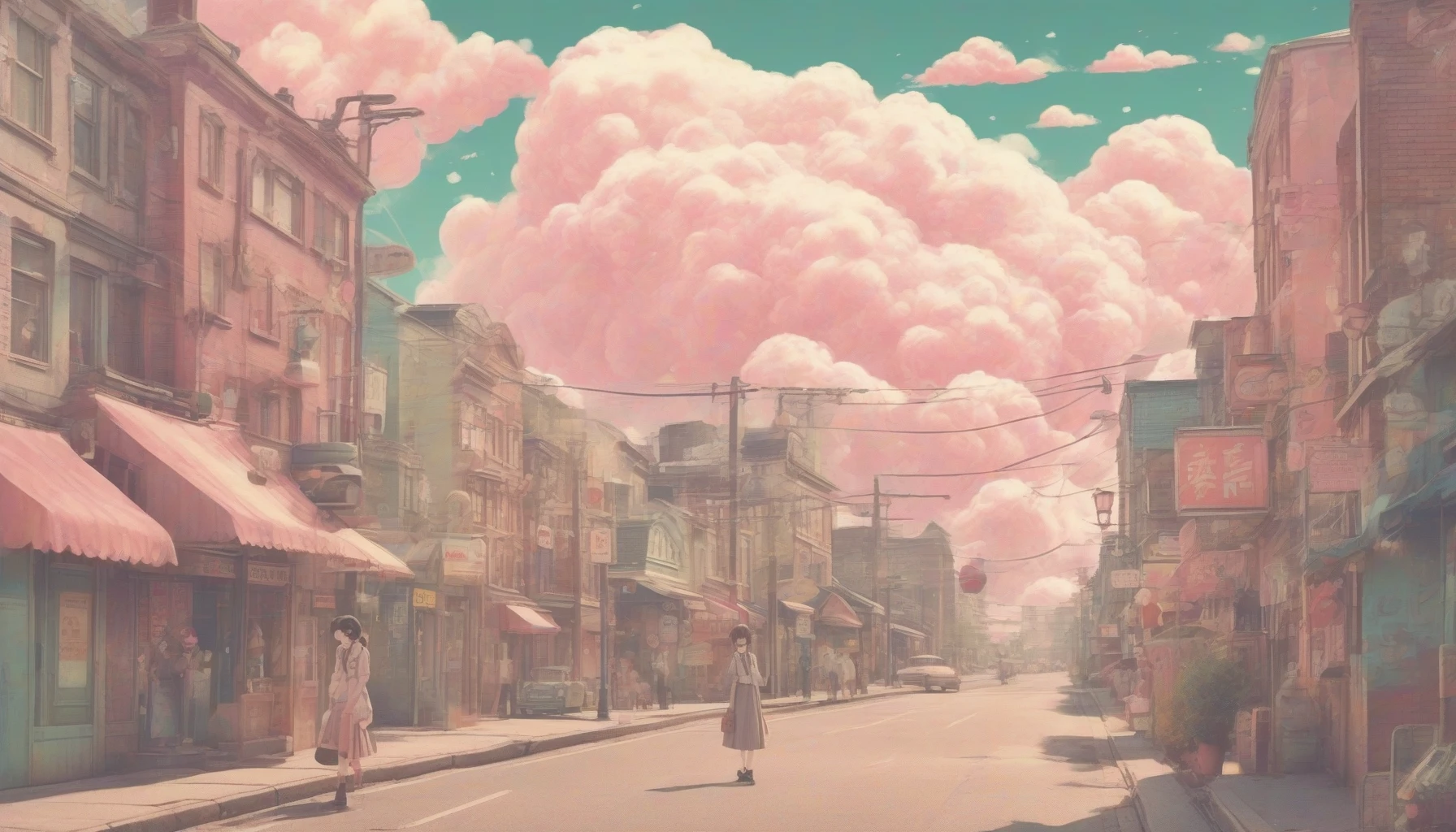 Envision a nostalgic scene that merges the charm of vintage anime with a textured film grain effect. Picture a whimsical, pastel-hued landscape featuring iconic, exaggerated characters adorned in retro clothing. Wisps of ethereal clouds float overhead, while an old-fashioned cityscape hints at a bygone era. The grainy overlay adds a warm, tactile quality, transporting viewers to a dreamy realm where imagination knows no bounds.