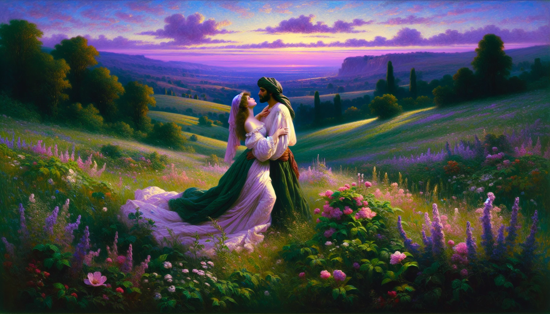 Imagine a lush, verdant landscape bathed in the soft glow of twilight, where wispy clouds drift lazily across a violet sky. At the forefront, a couple in flowing attire embraces, their expressions filled with longing and passion. Surrounding them, wildflowers bloom in riotous colors, embodying the essence of love and nature. The scene evokes a sense of nostalgia, capturing the heart and spirit of Romanticism with every brushstroke.