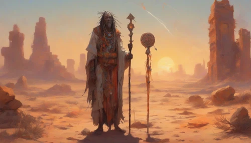 In a vast, sun-scorched desert, a mystical shaman stands amidst the ruins of a forgotten world. Clad in tattered robes adorned with ancient symbols, he wields a staff topped with glowing crystals, signaling power and wisdom. The sky blazes with oranges and reds as the sun sets, casting long shadows over the crumbling remnants of civilization, while ghostly spirits swirl around him, whispering secrets of the past.