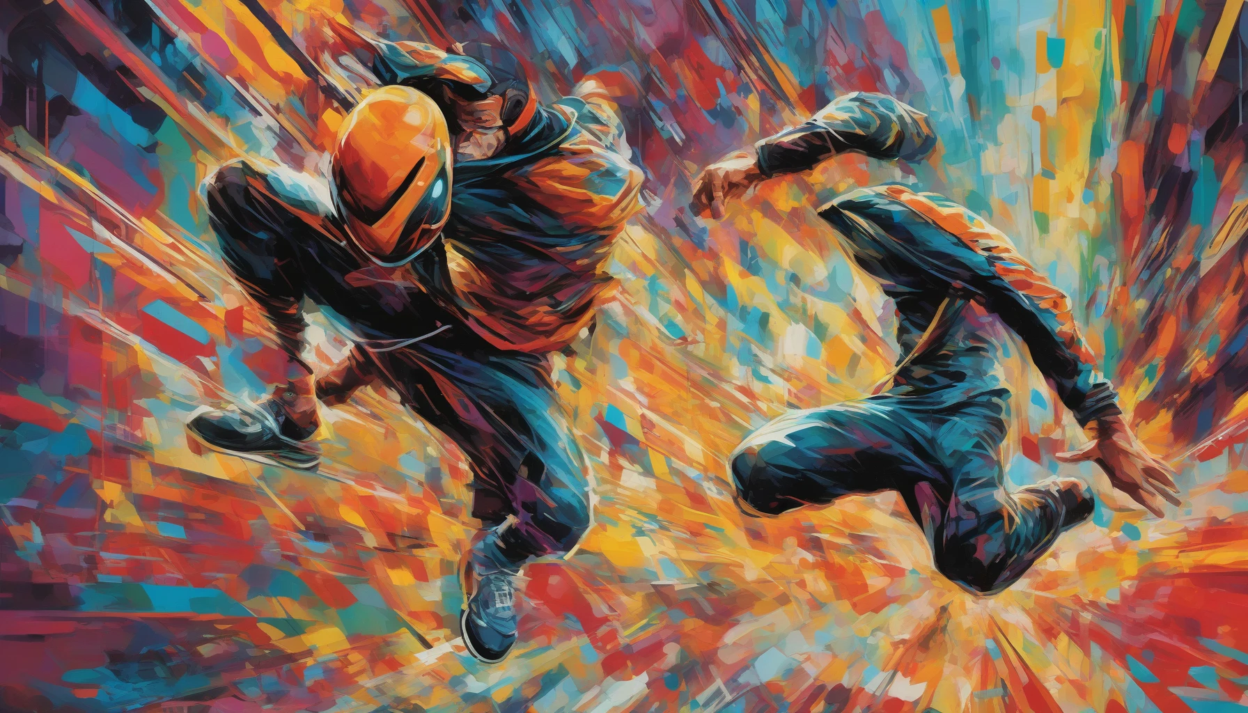 Capture a high-octane scene featuring a heroic figure mid-leap, surrounded by vibrant speed lines that accentuate their swift movements. The background should be a blur of urban landscapes, with striking colors and exaggerated perspectives that evoke the feeling of adrenaline and excitement. The character's determined expression should convey courage and intensity, making the viewer feel the thrill of the action unfolding.