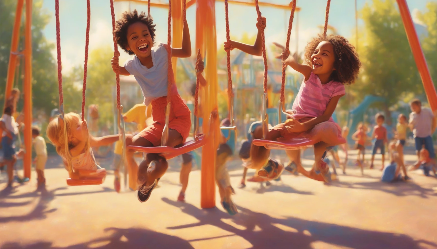 Capture the joyous essence of childhood as two friends engage in playful teasing on a sunlit playground. One friend, with a mischievous grin, pulls a prank while the other feigns shock, laughter echoing through the air. Vibrant colors of swings and slides frame the scene, highlighting their carefree spirits. The warmth of the sun casts golden glimmers, celebrating the bliss of friendship and innocence in a nostalgic moment.