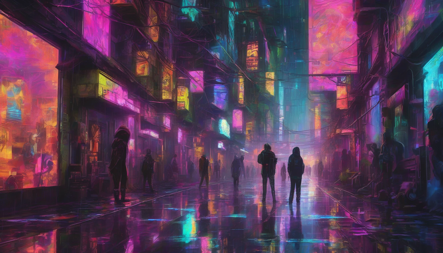 Immerse yourself in a vibrant cyberpunk alley, where the air hums with energy and neon lights flicker above. Glowing signs in a kaleidoscope of colors cast reflections on rain-soaked pavement, while robotic figures move purposefully through the shadows. The cacophony of distant chatter and electronic sounds fills the atmosphere as steam rises from grates, creating an otherworldly scene that pulses with life and technology.