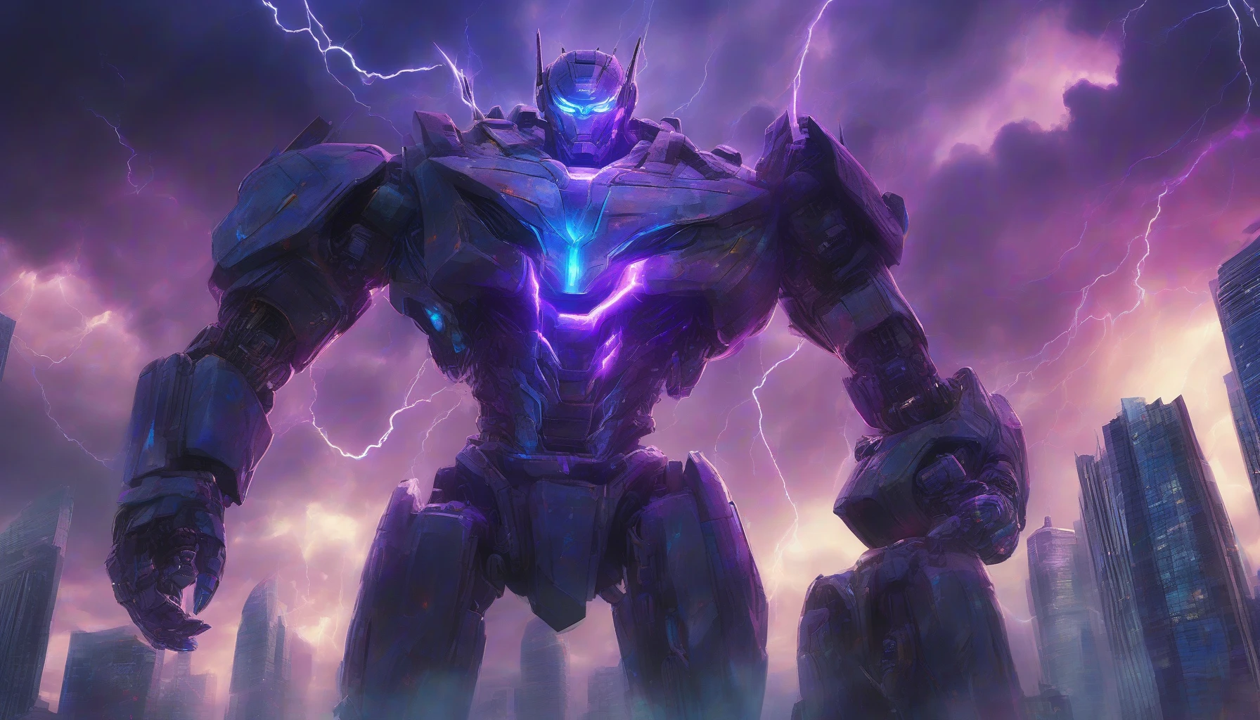 In a futuristic cityscape, a colossal robot towers over skyscrapers, its metallic frame glimmering under a stormy sky. With an explosive roar, it channels an intense energy beam from its chest, illuminating the dark clouds in brilliant hues of blue and violet. The beam slices through the air like lightning, casting dramatic shadows and igniting the surrounding structures in vibrant flashes, combining awe with impending doom.