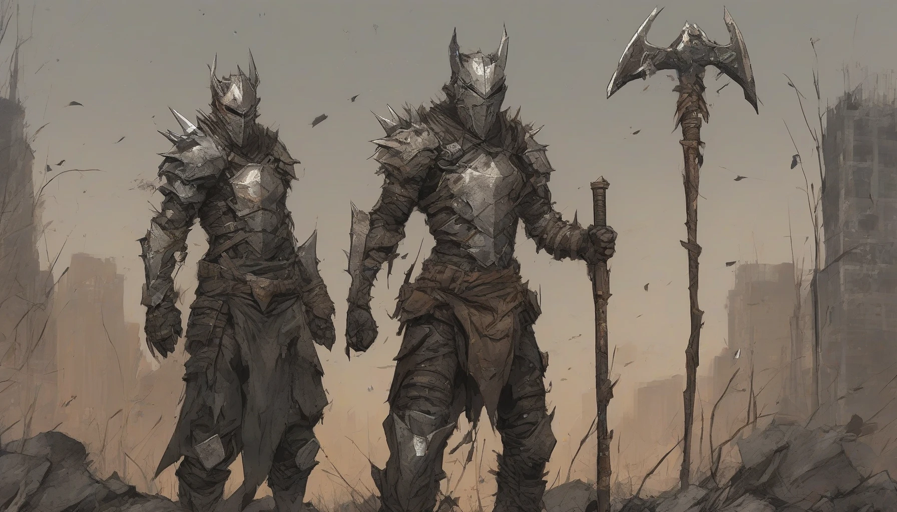 In a desolate landscape marked by crumbling skyscrapers and overgrown vegetation, a fierce warrior stands defiantly. Clad in makeshift armor fashioned from scrap metal and leather, they wield an array of improvised weapons—a spiked bat, a jagged machete, and a rusty crossbow. Their fierce gaze reflects survival instinct and resilience, while the remnants of a shattered civilization loom ominously in the background, hinting at the battles fought and the hope for redemption.