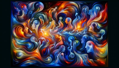 Imagine a swirling tapestry of colors that dance and collide in joyous chaos. Shapes intertwine and flow, creating an intricate maze of bold lines and soft curves. Splashes of deep blues and fiery oranges blend seamlessly, igniting a sense of energy and movement. This piece embodies the essence of abstraction, inviting viewers to lose themselves in its fluidity and explore the emotions lurking within the vibrant forms.