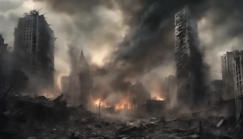 A haunting urban landscape featuring a collapsed skyscraper, its twisted steel and shattered glass echoing the chaos of an airstrike. Billowing clouds of smoke rise from the rubble, casting a shadow over the desolate streets below. Flashes of fire illuminate the scene, creating stark contrasts between light and dark. Dust swirls in the air as a somber silence envelops the remnants of a once-thriving city.