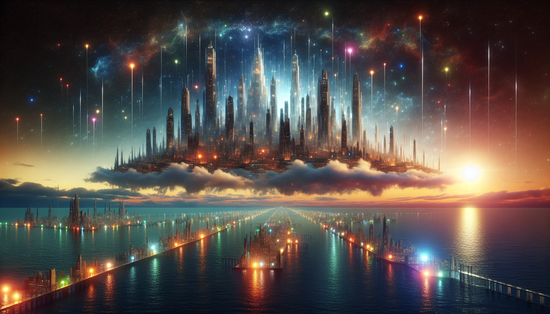 Envision a majestic city suspended in the sky, its towering spires glimmering under a starlit canopy. Below, a luminous sea ripples with vibrant colors, reflecting the city’s soft glow. Wisps of clouds hover around the architectural marvel, while ethereal bridges connect the floating structures. The scene is alive with the hum of enchanted lights and the whispers of the waves, creating a harmonious blend of serenity and wonder.