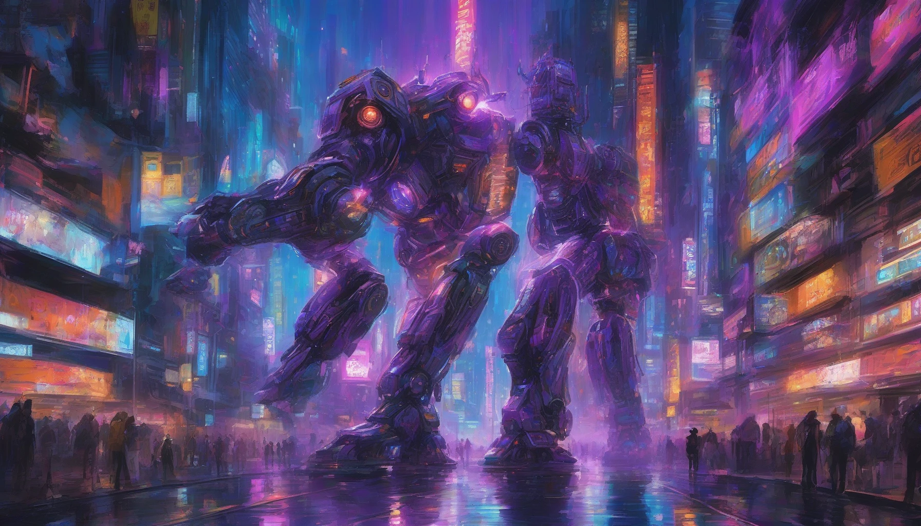 Imagine a colossal robot towering over a futuristic cityscape, its metallic frame glistening under neon lights. As it channels immense power, a vibrant energy beam erupts from its core, illuminating the night sky with brilliant hues of blue and purple. The ground trembles with the force of its release, sending shockwaves through the streets below, while onlookers gaze in awe, caught between fear and admiration.