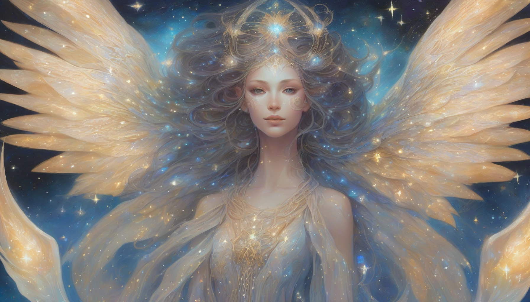 Imagine a regal alien princess, her ethereal figure adorned in flowing, luminescent robes that shimmer with starlight. Her magnificent wings, radiating a soft, bioluminescent glow, spread wide, casting enchanting hues across a dark cosmic landscape. Her skin shimmers like the night sky, dotted with constellations, and her eyes hold the wisdom of galaxies. Surround her with swirling nebulae and twinkling stars, creating a scene of otherworldly beauty.