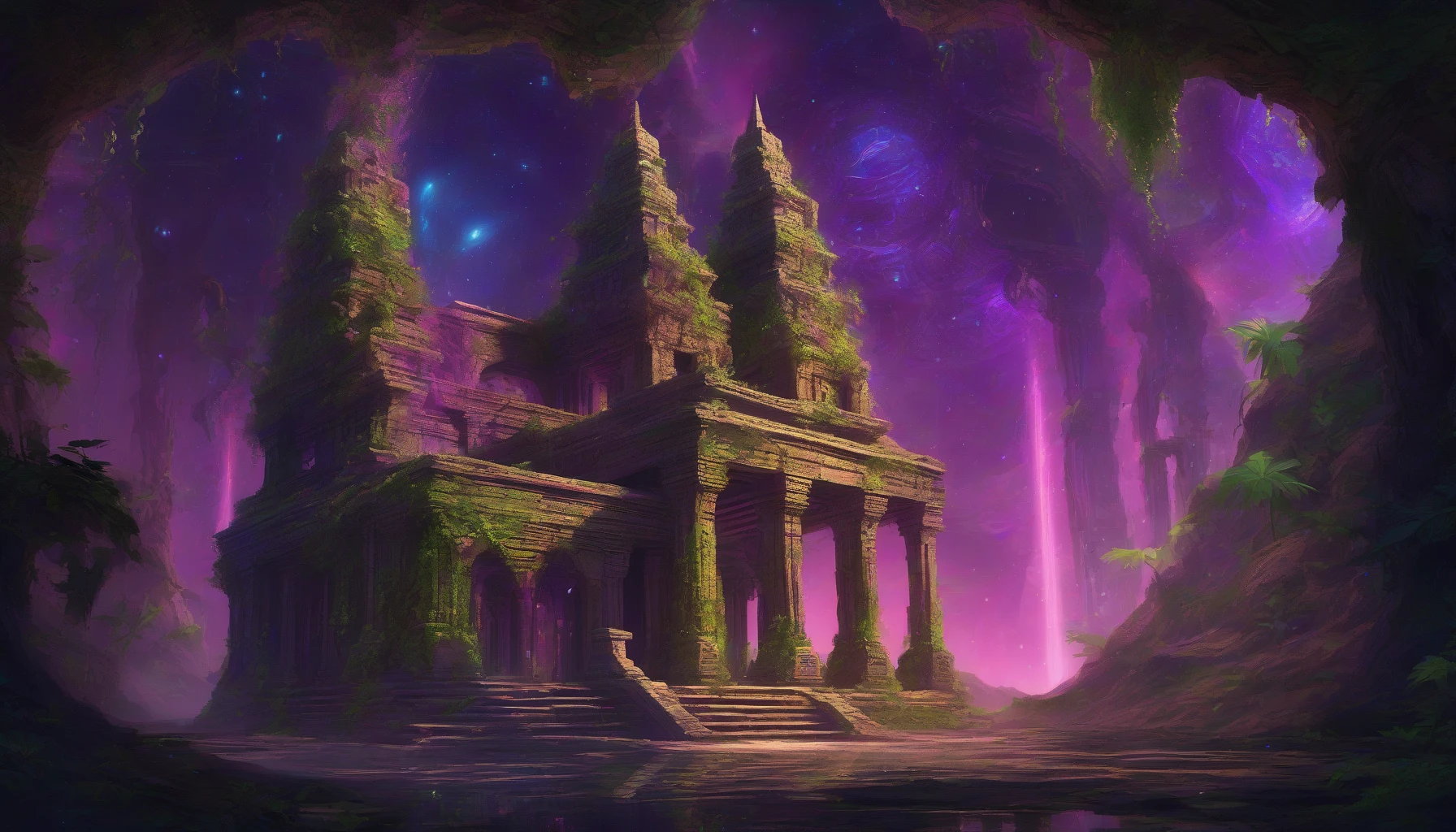 In a forgotten corner of a distant planet, an ancient alien temple lies cloaked in shadows, its intricate stonework entwined with vibrant, glowing plants that illuminate the surroundings with iridescent hues. The air is thick with mystery, as luminescent vines crawl across the temple’s crumbling walls, casting ethereal reflections on the ground. Nighttime brings a celestial glow, where bioluminescent creatures flit between the glowing flora, creating a surreal, otherworldly atmosphere.