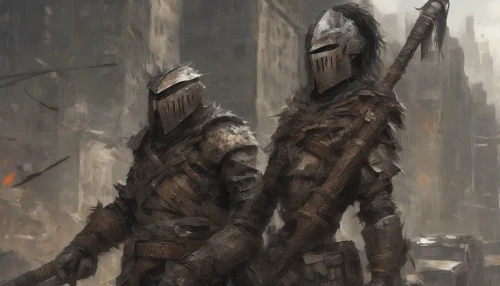 In a desolate, crumbling cityscape, a fierce warrior stands poised for battle, clad in makeshift armor crafted from scrap metal and salvaged materials. Rugged and resilient, their eyes gleam with determination, reflecting the harsh reality of survival. Clutching an array of improvised weapons—a spiked bat, a rusted pipe, and a tattered shield—this fierce figure embodies the spirit of defiance against the chaos that surrounds them.