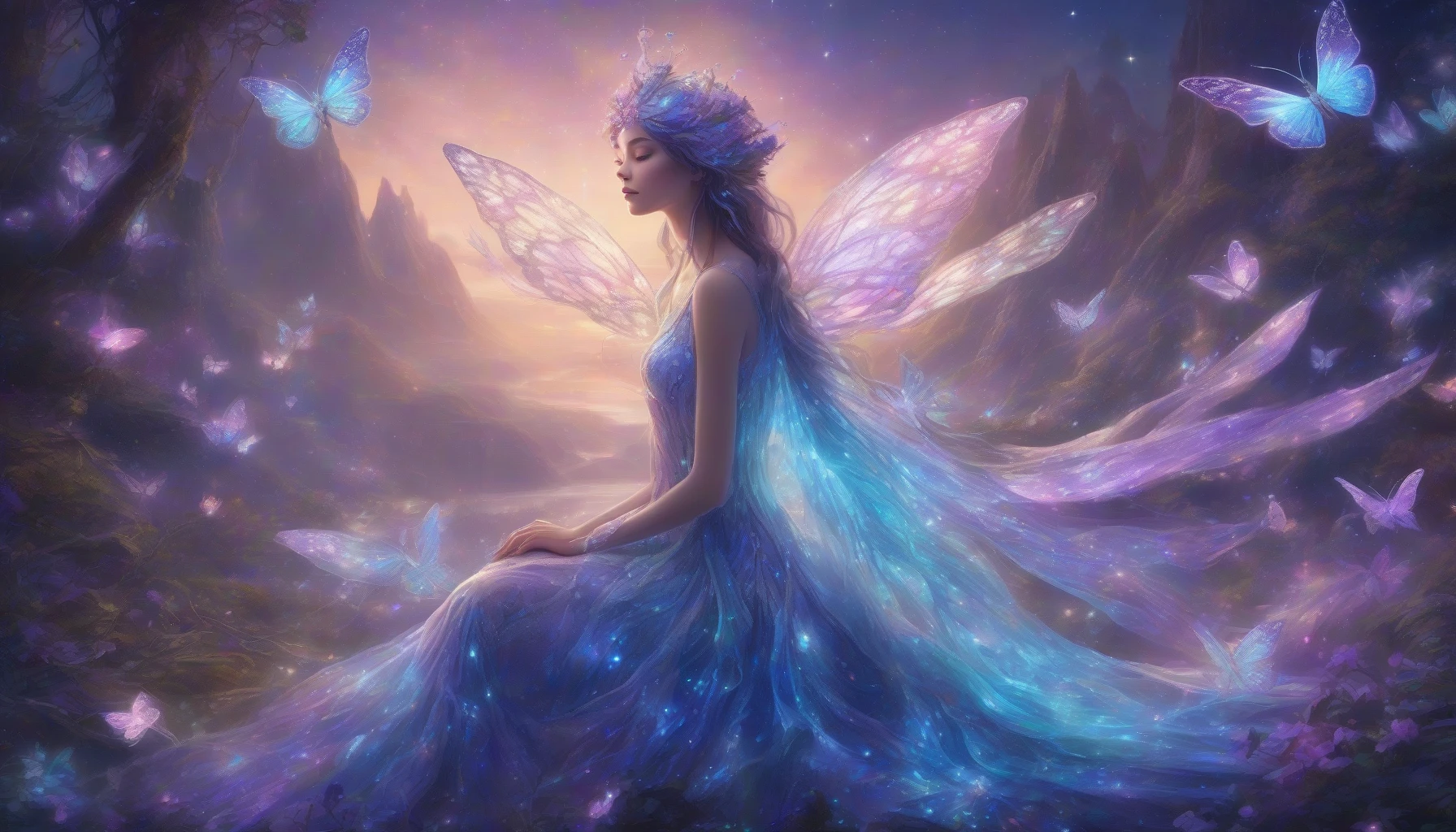 Imagine a majestic alien princess, her iridescent skin shimmering under a starlit sky. She stands poised amidst an ethereal landscape, adorned in a gown woven from cosmic threads. Her glowing wings, reminiscent of opalescent butterflies, radiate soft hues of blue and violet. Surrounding her, bioluminescent flora illuminates the scene, creating a dreamlike atmosphere. With an expression of wisdom and grace, she embodies the beauty of the universe itself.