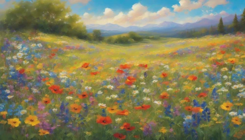 Envision a vibrant wildflower meadow bursting with a kaleidoscope of colors, where delicate petals dance in the gentle breeze beneath a vast, clear blue sky. The sun casts a warm, golden light, illuminating the rich greens of the grass and the vivid hues of daisies, poppies, and lupines. Majestic clouds lazily drift overhead, inviting a sense of peace as nature's beauty unfolds in this tranquil landscape.