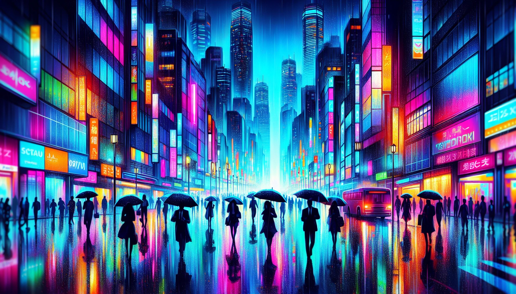 A vibrant, bustling cityscape unfolds, drenched in a kaleidoscope of neon lights reflecting off rain-soaked pavements. The streets glisten with a mix of colors—electric blues, vivid pinks, and luminous greens—while silhouettes of pedestrians with umbrellas dash through the scene. Skyscrapers loom overhead, their windows aglow, creating a mesmerizing contrast against the moody, rain-laden atmosphere, inviting the viewer into a world of urban mystique.