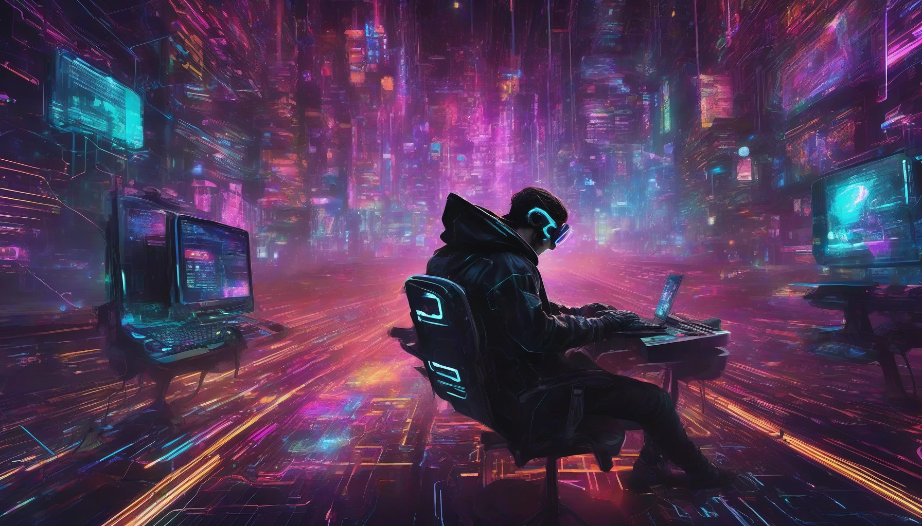 Immerse yourself in a vibrant cyberpunk world where a lone hacker sits surrounded by a glowing, futuristic interface. Their expressive face is partially obscured by luminescent goggles, reflecting a cascade of data streams and neon code. The sleek keyboard pulsates with rhythm, illuminated by a myriad of colors, as digital landscapes swirl around them, showcasing the exhilarating chaos of hacking through a neon-lit cityscape.