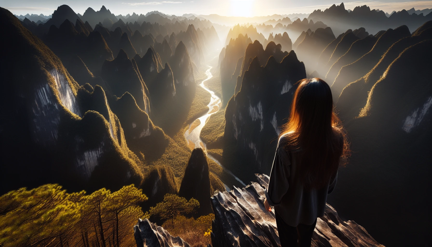 Standing at the edge of a towering cliff, a lone figure gazes out over a vast expanse of jagged peaks and lush valleys bathed in golden sunlight. The air is crisp and invigorating, filled with the scent of pine and wildflowers. Below, a meandering river sparkles like diamonds under the azure sky, evoking a deep sense of wonder and humility in the face of nature's grandeur.